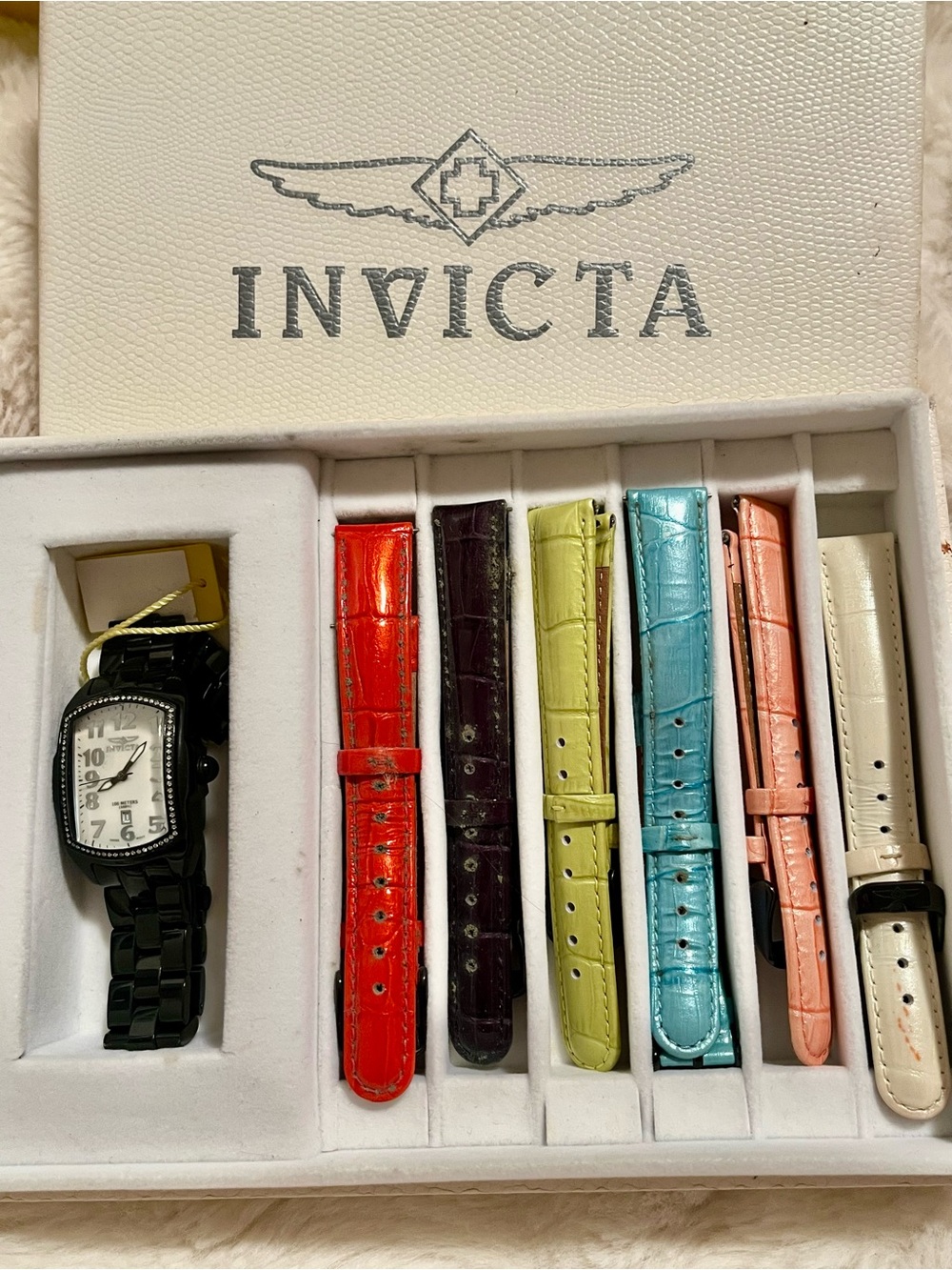 Invicta women’s Black Watch with Red, Lime, Turquoise, Coral and Cream Straps